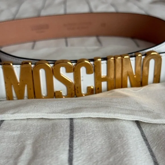 Moschino | Accessories | Moschino Gold Lettering White Belt  display picture 1